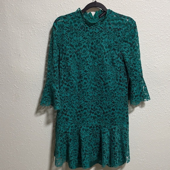 Zara Woman Emerald Green Floral Lace High Neck Bell Sleeve Flounce Mini Dress S - Picture 4 of 10
